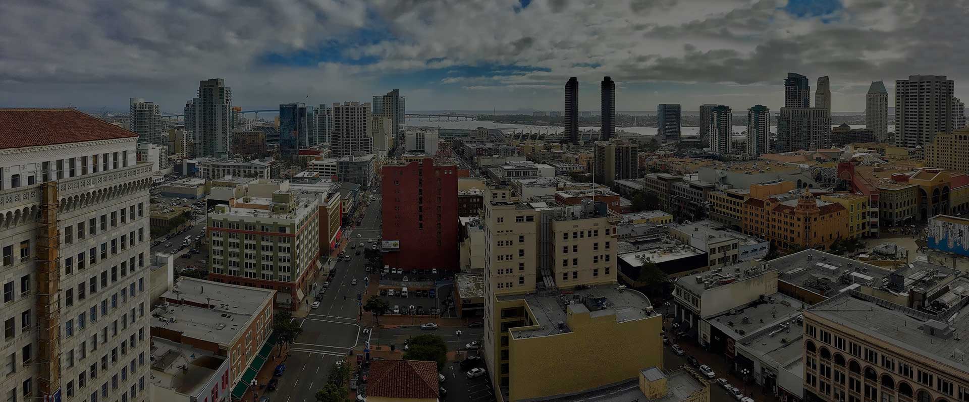 Rooftop view of San Diego, California. The city boasts both the downtown and port-side, ocean views. You can work and play in San Diego.