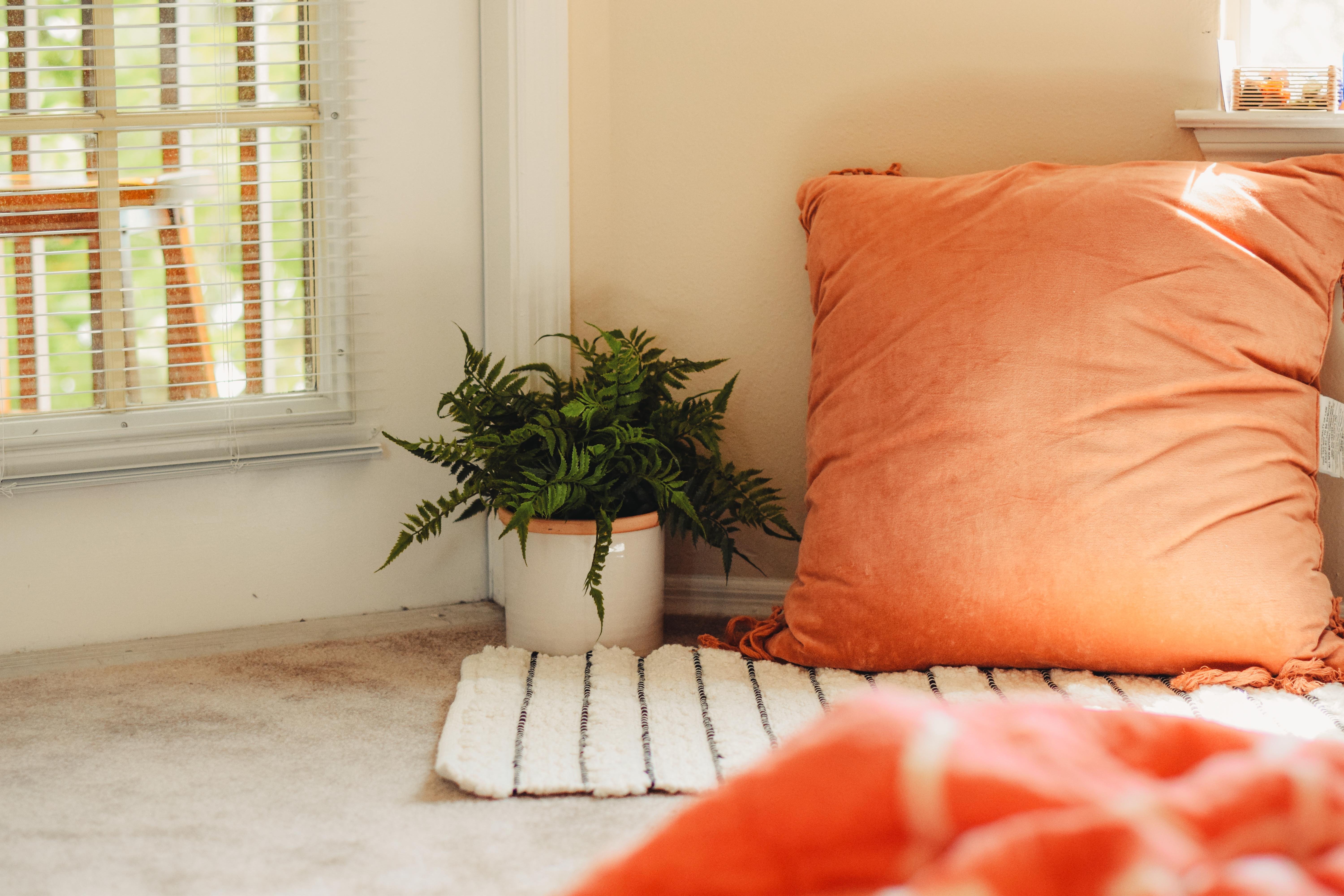Orange throw pillow next to a potted plant