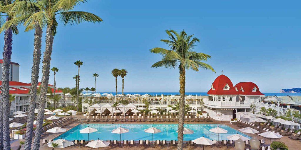Huge Pool, Tall Palm Trees Overlooking the Ocean at the Hotel Del Coronado Grounds
