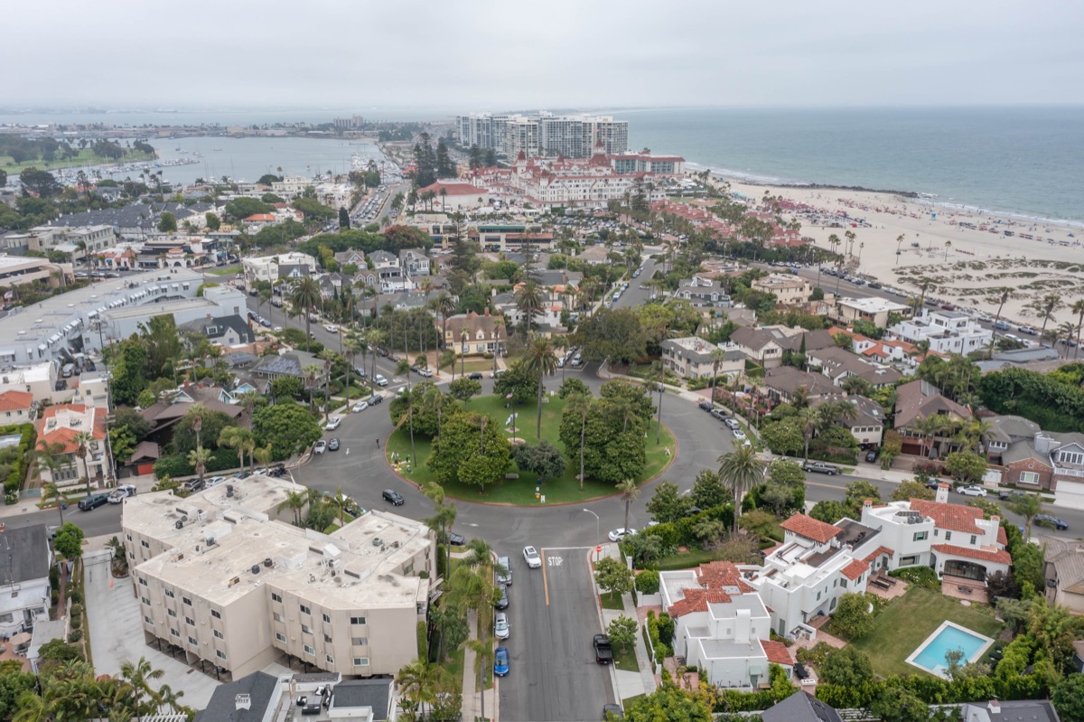 Aerial view of Star Park Circle, showing Star Park, the Hotel Del Coronado, and the strand.