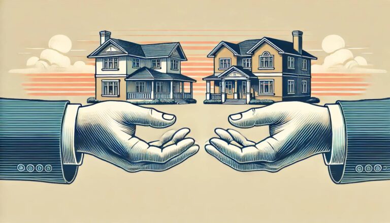 Arms reach from either side of the image, each holding a house to trade it with the other. the idea is to represent a 1031 Exchange in Coronado, CA, wherein a real estate investment property is sold to purchase another with reduced tax liability.