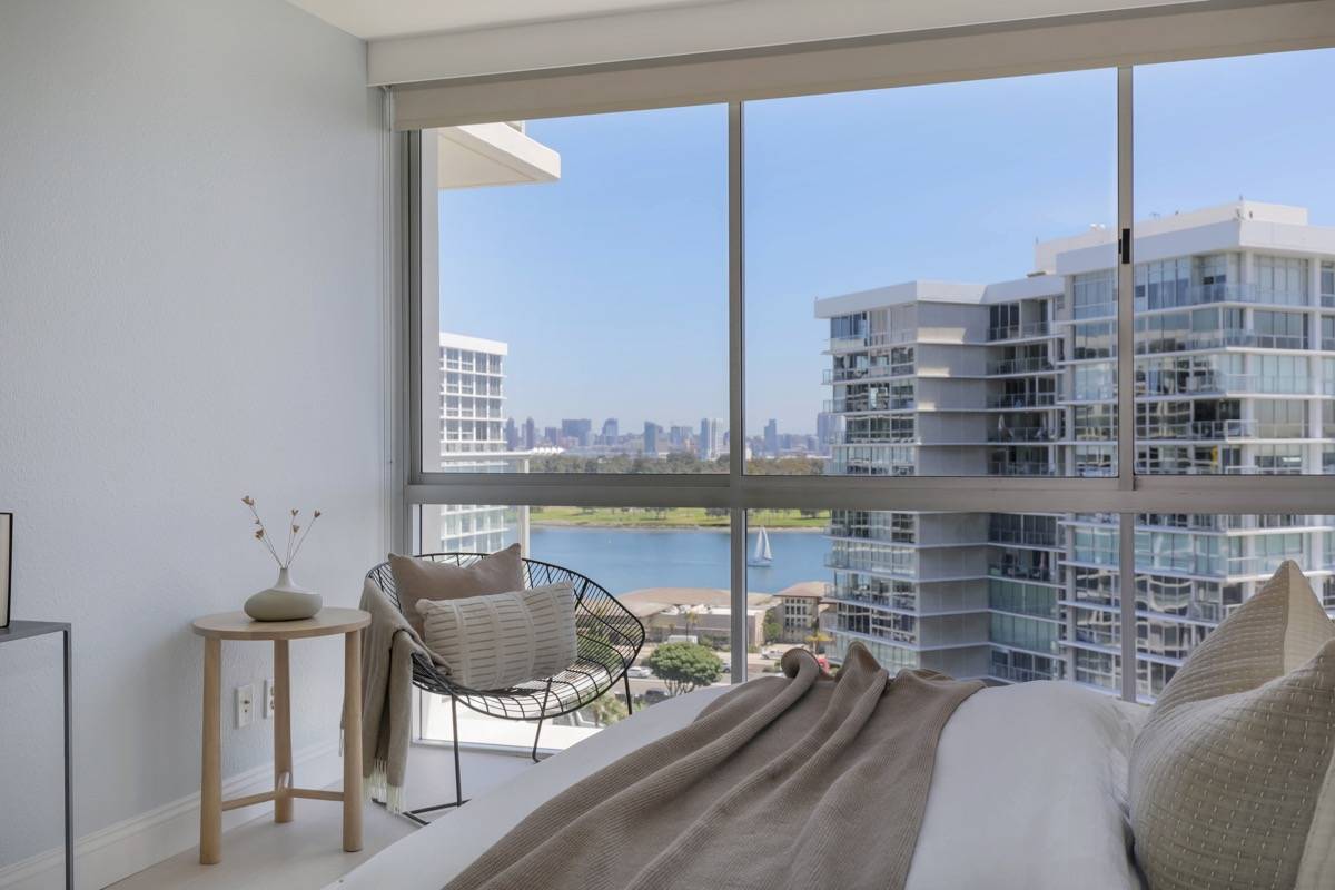 Coronado condo bedroom with views of the water