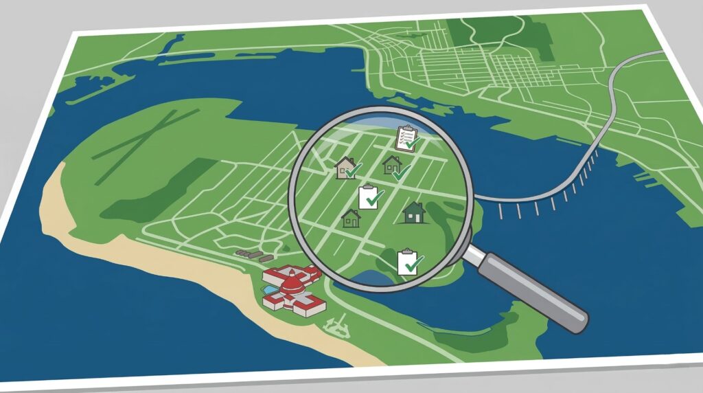 Map with magnifying glass representing homebuyer inspections in Coronado