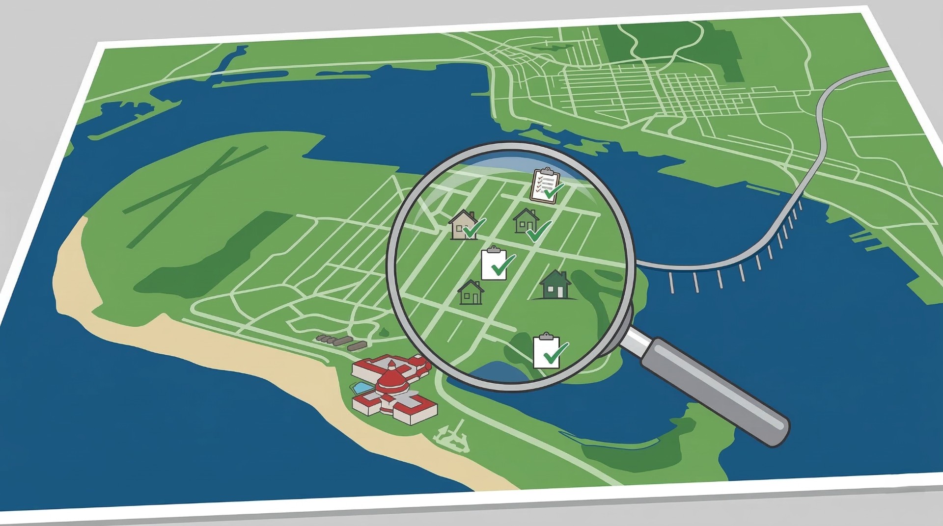 Map with magnifying glass representing homebuyer inspections in Coronado